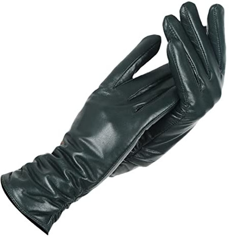 Damen Winter Lederhandschuhe Mode Kurze Lederhandschuhe Frauen Handgelenk Straffung Lederhandschuhe, dunkelgrün, 7.5