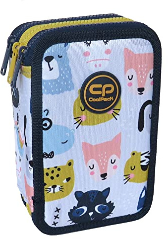 CoolPack XXL Pencil Case 3-Compartment School Pencil Case Triple Pencil Case for Girls Boys Cute Animals Pencil Case 44-Piece Filled Student Case 3-Tier, gray, Pencil case