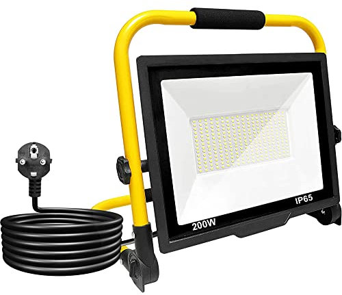 Projecteur de Chantier 200W, Lumière de Travail 266 LEDs, Projecteur Blanc 6000K, 20000LM, Panneau Rotatif à 360º, étanche IP65, Pliable, Câble de 3 m. Eclairage Extérieur, Atelier, Travail, Garage.