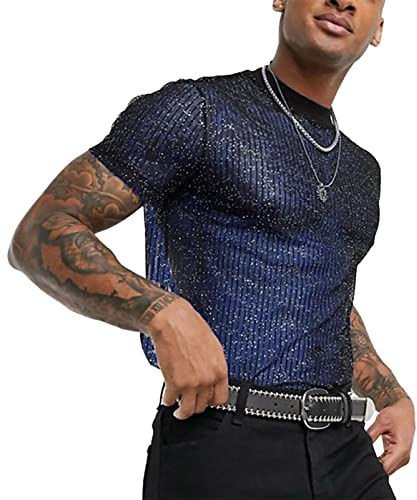 AIEOE Nätskjorta för män, muskel, nätskjorta, glitter, transparent, t-shirt, sexig, nätskjortor, kortärmad skjorta, klubb, slitage, sommar, nättopp – XS-3XL, A02# Glitter-look skjortor – blå, XXL