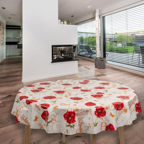 laro runde 140 cm wachstuchtischdecke wachstischdecke abwashbar PVC tischdecke Wachstuch wasserabweisend Garten tischdecke, Muster:Mohnblumen Rot