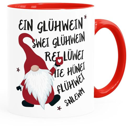 MoonWorks® Tazza con scritta in lingua tedesca Ein Glühwein Swei - Tazza per vin brulé, gnomo di Natale, regalo per ufficio, divertente tazza da caffè bianco e rosso standard