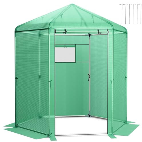 COSTWAY Walk In Greenhouse, 214 x 183 x 227cm Hexagon Grow House with Waterproof PE Cover, Roll-up Zippered Door & Mesh Window, Portable Mini Green House for Garden Backyard Patio