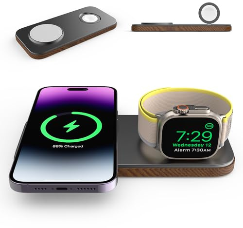 Cubenest 2in1 Magnetisches kabelloses Ladegerät Kompatibel mit MagSafe Technologie - Schnellladefunktion Kompatibel mit Apple Watch 7-9 und Ultra 1-2, iPhone 12-15, AirPods 2/3/Pro, Qi-Geräte (Grey)