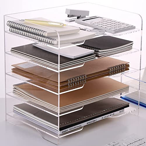 HeZone Acrylic Paper Letter Tray Organizer, 5 Tiers, Transparent, Modern, Rectangular, Stackable, Office