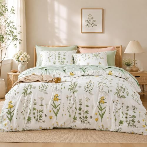 Lanqinglv Bettwäsche 135x200 cm 4Teilig Grün Weiß Blätter Blumen Muster Wende Bettwäsche 2er Set,Pflanzenmuster Bunt Microfaser 2 Bettbezug mit Reißverschluss und 2 Kissenbezug 80x80 cm