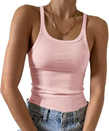 Imily Bela Camiseta de tirantes para mujer, sexy, espagueti, con cuello en U, básica, de verano, ajustada, sin mangas, camisola, Rosa., XXL