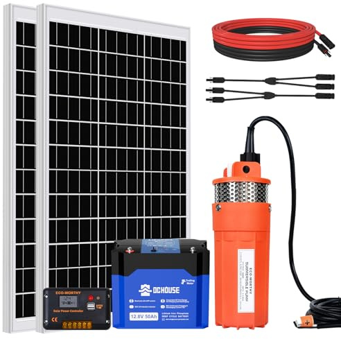 DCHOUSE Juego de bombas solares con batería de litio de 50Ah, bomba de agua solar de 12V + juego de panel solar de 240W + batería de litio de 50Ah para pozos, riego, llenado de depósito de agua