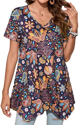 Enmain Camiseta Mujer Manga Corta Top Túnica Larga Cuello de Pico Blusa Elegante y Cómoda Talla Grande Tops Estampadas T Shirt para Mujeres,Violeta,XXL