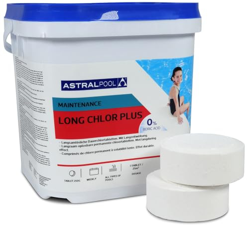 Astral Pool Long Chlor Plus 25 Kg – 250g Langsam-lösliche Chlortabletten – Langzeit-Desinfektion – Dauerchlorung für Pool-Wasser