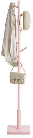VASAGLE Coat Rack, Solid Wood Coat Stand, Free Standing Hall Coat Tree with 8 Hooks for Coats, Hats, Bags, Purses, for Entryway, Hallway, Rubberwood Hooks and Pole, Jelly Pink RCR010R01