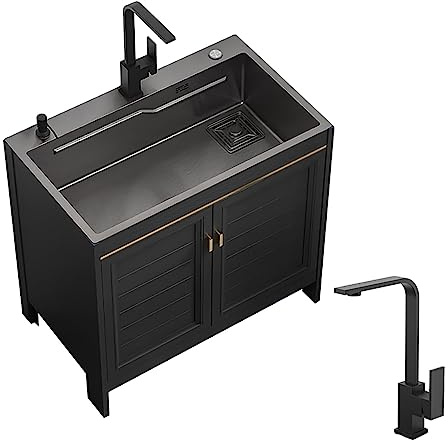 Commercial Sink Utility Sink Black Kitchen Sink Stainless Steel Stand Alone Sink with Drainer Unit and Tap and Storage Shelves for Kitchen Bathroom Restaurant Farmhouse Laundry.