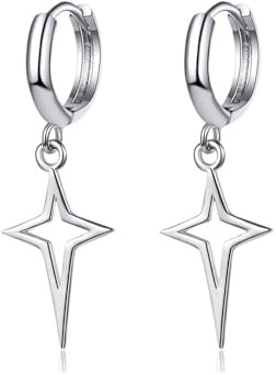 Silver Drop Hoop Earrings for Women, Star Dangle Hoop Earrings, Small Cartilage Huggie Hoop Earrings with Star Dangle, Minimalist Silver Dangling Earrings for Girls