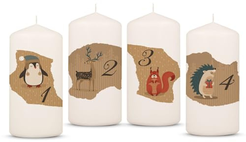 GRAVURZEILE Bedruckte Adventskerzen - Advent Tiere Vintage - Weihnachtskerze für den Adventskranz 4er Set - Dekoration zu Weihnachten - Geschenk für Sie & Ihn - Stumpenkerze 120/58 mm