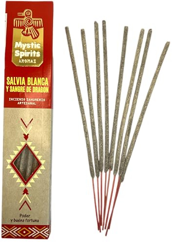 HOSTENATURA Incienso Sahumerio Salvia Blanca y Sangre de Dragón Mystic Spirits Poder y Buena Fortuna - 8 Varillas artesanales
