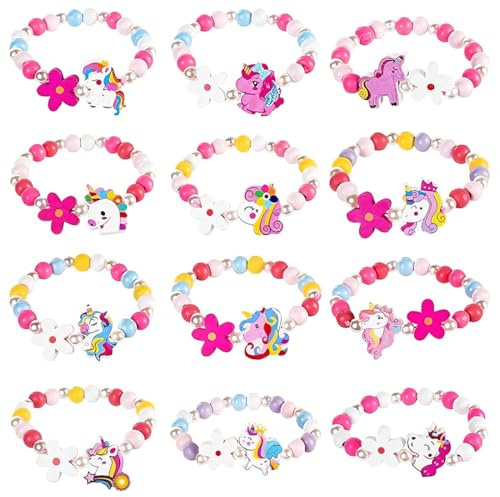 SGERUFZ 12 Pièces Bracelets en Bois pour Filles, Bracelet d'Amitié Licorne Fait à la Main, Bijoux pour Enfants, Cadeaux de Fête pour Anniversaire d'Enfants, Cadeaux pour Filles (Coloré)