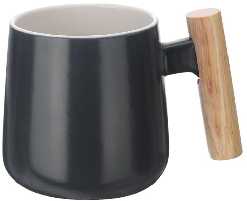 QUARKZMAN Taza de Café de Cerámica de 12.85 Oz con Asa de Madera Simple, Taza Grande de Té de Cerámica Hecha A Mano para Café con Leche, Té, Sopa para Oficina, Hogar y Regalos, Negro