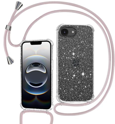 Tikgue Handykette für iPhone 16e / iPhone 17e Hülle mit Band, Handyhülle mit Kordel zum Umhängen Schutzhülle mit Kette Glitzer Transparent Weich TPU Silikon Bumper - Roségold