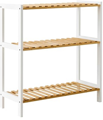 Brigros - Scaffale in Legno con Ripiani, Scaffale Salvaspazio in Bamboo con Design Moderno, Mobile Bagno in Legno di Bambu con Mensole, Mobile Cucina in bambù (Naturale+Bianco, 3 Ripiani)