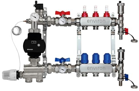 ENVIRON- Heizkreisverteiler [2-12 Heizkreise] mit Festwertregelset, Kugelhahn Set und Schnellentlüfter Set | Hocheffizienzpumpe (Environ Ecocirc 25/6, 3 Heizkreise)