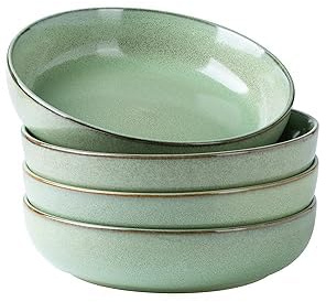 GBhome 9'' Large Ceramic Pasta Bowls, 38oz Stoneware Set of 4, Wide Serving Bowls for Kitchen, Fruit, Salad, Oatmeal, Microwave Safe, Reactive Glaze-Pastel Green