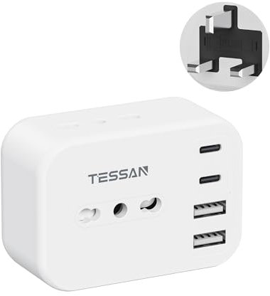 TESSAN Adattatore Presa Inglese con 2 USB C e 2 USB A, 7 in 1 Adattatori Prese Inglesi, Adattatore Spina Inglese 3250 W, Presa Tipo G per Regno Unito, Irlanda, Scozia, Singapore, Dubai, Malta