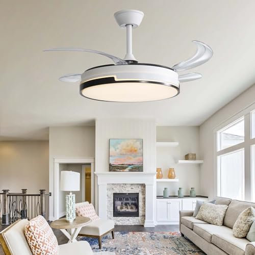 Luyaim Ventiladores Para El Techo Con Lámpara Blanco Moderno 4 Aspas Retráctiles - Luz LED 120W Regulable Motor DC 6 Velocidades Lampara Ventilador Techo Silencioso Para Dormitorio/Salón-122CM