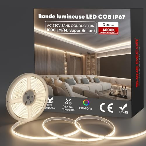 Shine Decor COB LED Streifen 3m, AC 230V IP67 Wasserdicht Flexible LED-Neon Lichterketten, 432 leds/m Ultrahelle Strip Light Band für Innen Außen Beleuchtung (4000K Neutralweiß,CE Zertifiziert)