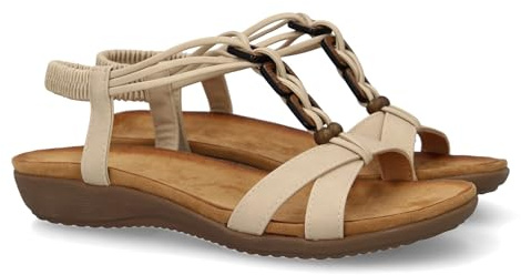 shoes&blues.es 94399 Sandalias Planas para Mujer, comodas con Material Elastico en el Talon, Diseno Moderno con Adornos en el Empeine y Pala Cruzada, Ideales para Primavera Verano. Beige Talla 40