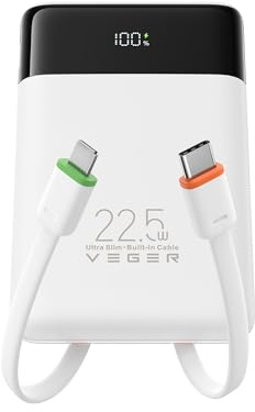 VEGER Power Bank Fast Charging 10000mAh,Portable Charger Built in Cables | USB C Battery Pack with LED Display,22.5W 4 Outputs Slim Powerbank,Travel Essentials for iPhone Android Phones Tablets