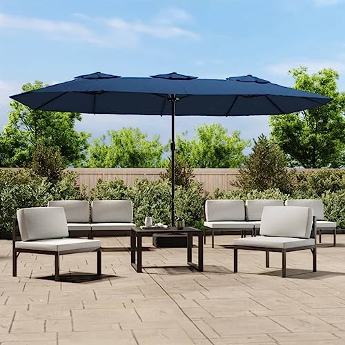 Parasol Double Extensible,Parasol de Jardin Extérieur et Parasol Terrasse,Tissu Polyester Résistant UV,Mât en Fer Thermolaqué 48mm,Mécanisme à Manivelle Facile,Bleu Azur et Gris,449x265x245cm