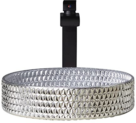 MYUYEE Bathroom Vessel Sink with Black Faucet Set, Artistic Crystal Tempered Glass Washbasin, Bathroom Vessel Vanity Sink Black Faucet with Pop-Up Drain and, Large,
