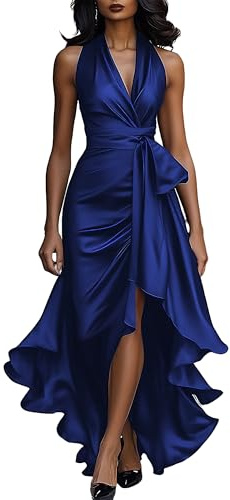 Elegant Evening Dresses for Women Deep V Neck Halter Formal Gown High Waist Butterfly Bow Bodycon Wedding Guest Summer Dress with High Low Hemline Blue M