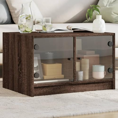 Holamys Couchtisch Braun Eichen-Optik, 68x50x42 cm, mit Glastüren, Stauraum, Stabiler Tischplatte, für Wohnzimmer, modernes Design