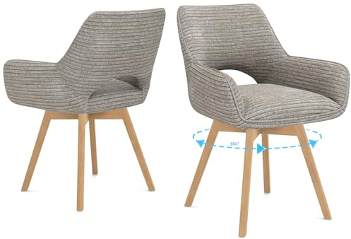 WAFTING Esszimmerstühle 2er Set Drehbar 360°,Armlehnstuhl,Küchenstuhl,Taupe | Holzbeine,Buche,Cord Stoff,Küchenstuhl,Wohnzimmerstuhl,Polsterstuhl mit Samt,Restaurant,Schlafzimmer,Esszimmer,Konferenzraum