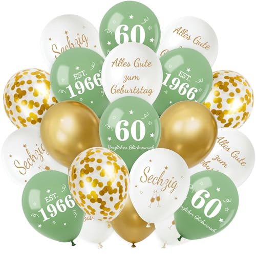 Smlper 30 Stück Luftballons Deko 60. Geburtstag,60er Deko Mann Frauen,Luftballons Salbeigrüne Gold, Happy Birthday Latex Ballons,Alles Gute zum Geburtstag Geburtstagsdeko, Konfetti Ballon Party