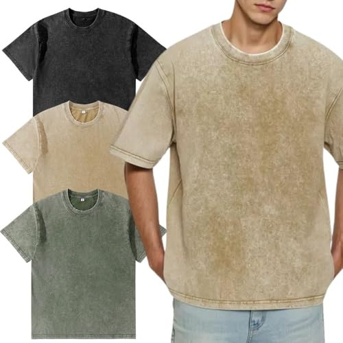Men’s Oversized T-Shirt,Pack of 3, Men's Basic Cotton T-Shirt Summer，Retro Washed Top, Unisex Fashion, Hip Hop Vintage Casual Tee Shirts Black Khaki Green 2XL