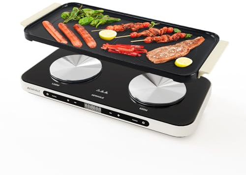 AEWHALE Electric Double Hotplate 1300W + 700W With baking tray Black | Zone-specific temperature and time control; PFAS-free; ceramic non-stick coating; for home, parties, camping and the office