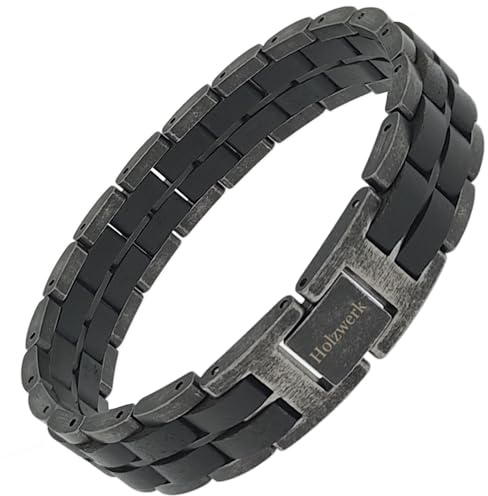Holzwerk KRIENSEE GAMENSEE Natur Holz Armband für Damen und Herren Holzarmband Herrenarmband Damenarmband Braun Schwarz Antik Einstellbar inkl. Armbandkürzer und Aufbewahrungsbox (Braun-Schwarz)