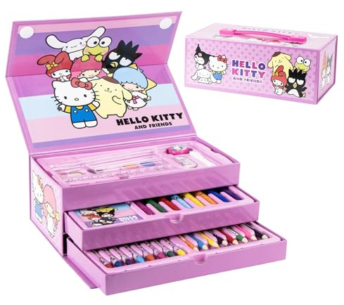 Hello Kitty & Friends Schreibwarenset, Inklusive Buntstifte, Filzstifte, Wasserfarben, Pinsel, Schwamm, Bleistift, Anspitzer, Radiergummi, Wachsmalstifte, Notizbuch, Federmäppchen, Schulset Mädchen