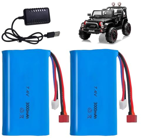 LUFEIS 7.4 V Li-Ion Battery, 2 Stück 7,4V 3000mAh Wiederaufladbar Li-ion Akku mit Deans T Stecker und USB Ladegerät, für RC Autos, Boote, Panzer, Roboter