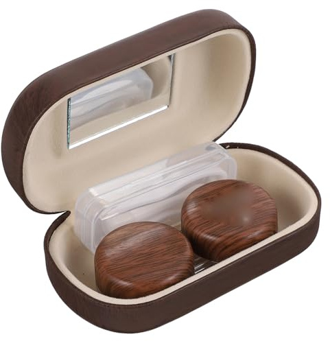 Gadpiparty Contenedor de Lentes de Contacto marrón con Revestimiento de Cuero y Accesorio de Espejo, Estuche Compacto y portátil para Almacenamiento Seguro