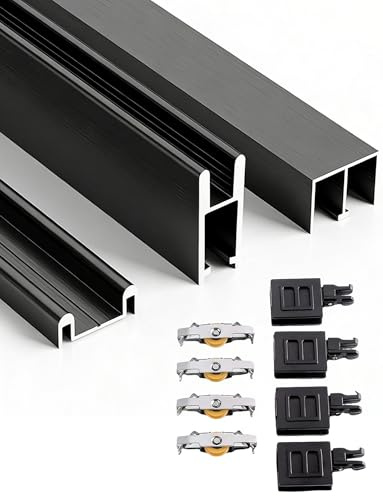 Premium aluminium skjutdörr spårsats – dubbla skenor med tysta hjul för Cabi-garderober – ingen borrlängd (svart 120 cm/47,2 tum 0,8 cm)