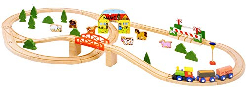 alles-meine.de GmbH XL Set: Holzeisenbahn incl. Namen - mit Schienen, Tieren + Brücke + Schranke + Zug mit Anhänger - passend zu Allen gängigen Schienen Systemen - Eisenbahn Kreu..