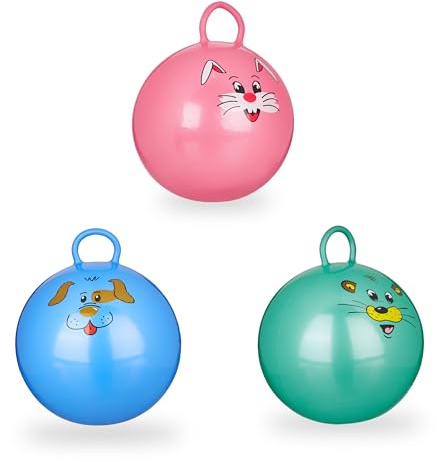 Relaxdays 3X Hüpfball Kinder im Set, mit Griff, für drinnen & draußen, mit Tier-Motiv, Weich, 45 cm Durchmesser, Blau, Grün, Pink