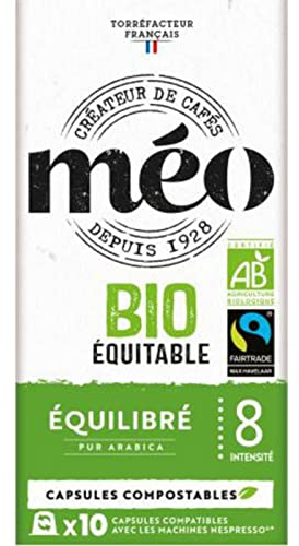 Café Méo Capsule Bio Équitable Équilibré- Pack de 100 Capsules (10x10) - compatibles avec le système Nespresso*