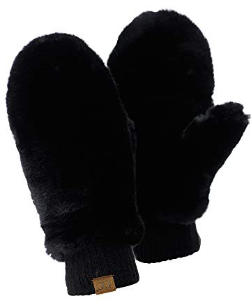 C.C Women's Faux Fur Wrist Length Fingerless Sherpa Lined Convertible Mittens Gloves-Black