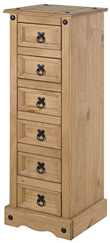 Corona 6 Drawer Bedside Cabinet Solid Wood Pine Wooden Tall Narrow Slim Night Stand Hallway Table Living Room Lamp Unit Bedroom Storage Mexican Style 105cm High 35cm Wide 33cm Deep
