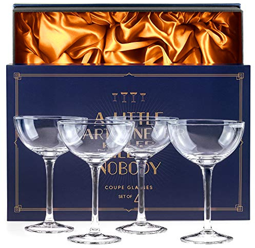 SAY HO UM Vintage Crystal Champagne Coupe Glasses | Set of 4 | 4-5 oz Classic Cocktail Glassware - Martini, Manhattan, Cosmopolitan, Sidecar, Daiquiri | 1920s Speakeasy Retro Style Saucer Goblets