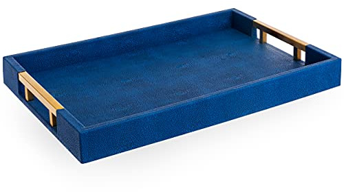 Home Redefined Vacker modern elegant 45 x 30 cm marinblå/guld mässing rektangel shagreen dekorativ ottoman soffbord parfym vardagsrum kök serveringsbricka med metallhandtag för alla tillfällen